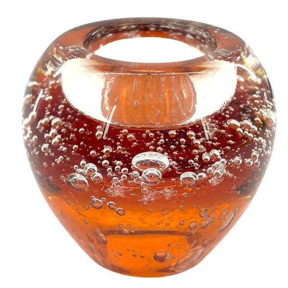 Studio Art Glass Small Candle Holder Amber Colored with Controlled Bubbles - Picture 1 of 8
